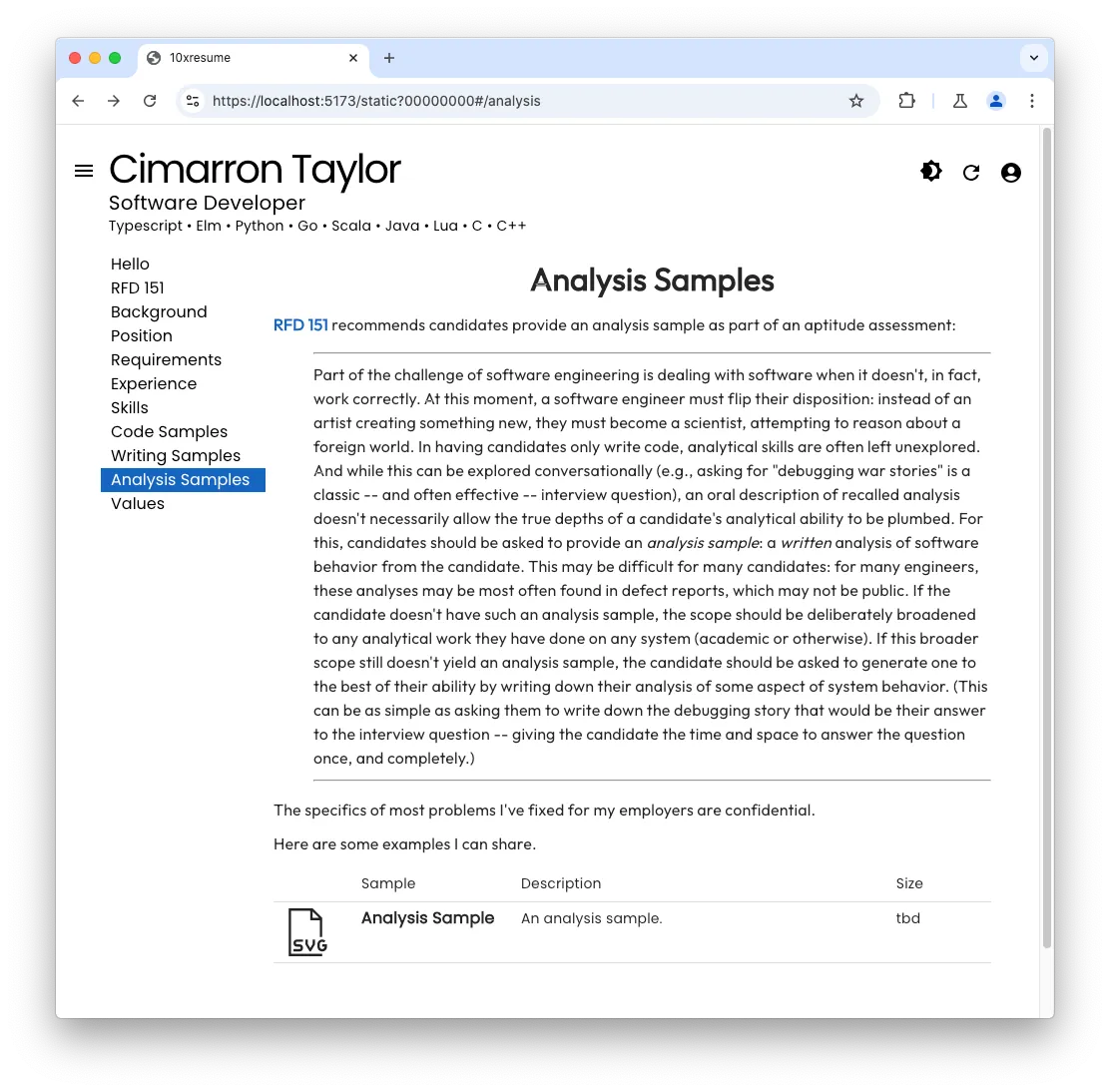 Analysis samples page